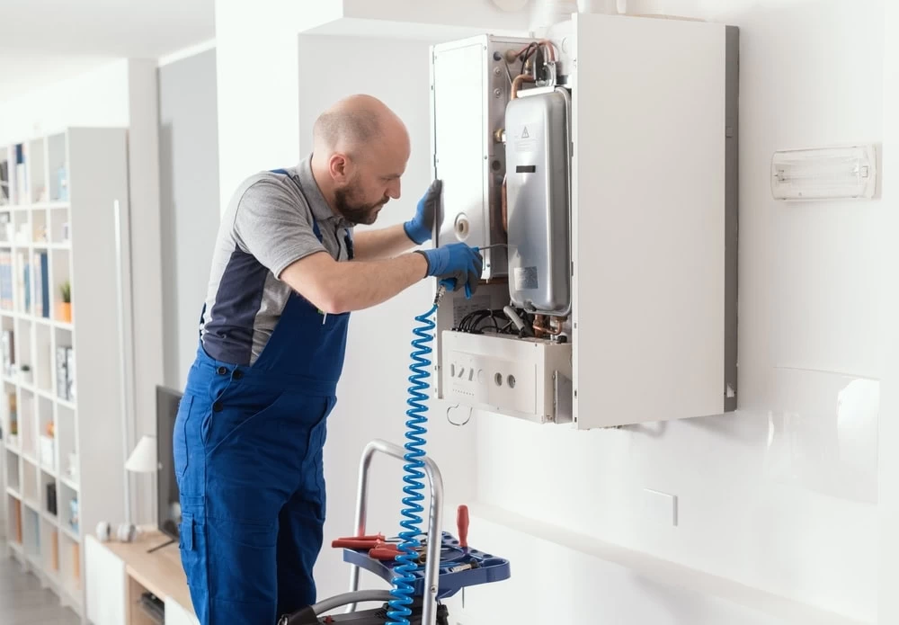 A maintenance worker in blue overalls is servicing a wall-mounted gas boiler, using tools and an air hose. He is focused on the open boiler unit inside a modern, well-lit home.