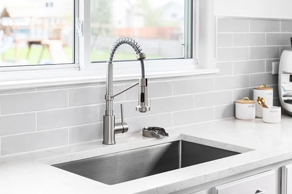 Modern kitchen sink with a stainless steel faucet featuring a flexible spring design, set in a white countertop with light gray subway tile backsplash. For upgrades like this, trust a plumbing contractor Sacramento County CA homeowners rely on.