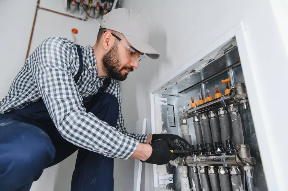 A man wearing a cap, glasses, gloves, and a checkered shirt is using a tool to adjust valves inside a wall-mounted heating or plumbing system. He is focused on his work in a white-walled room.