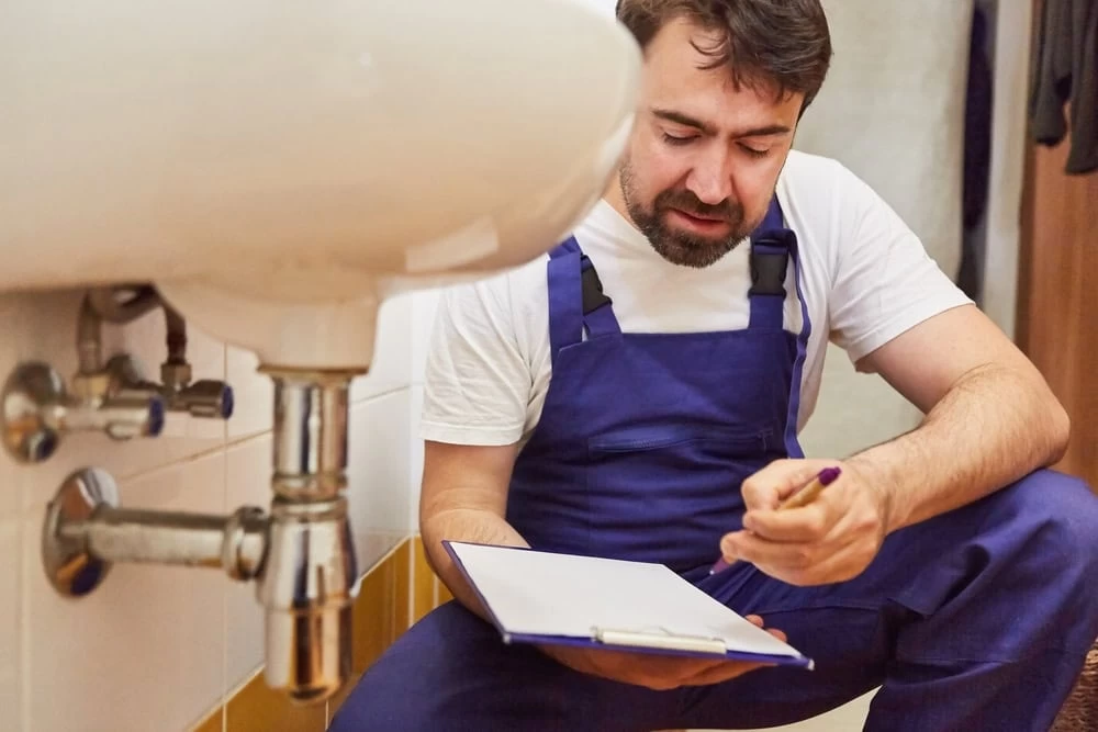 A plumber in blue overalls examines pipes under a sink while writing notes on a clipboard.