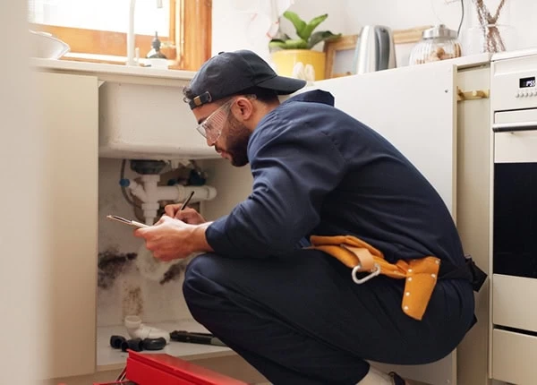 A plumbing contractor Sacramento County in CA, wearing safety glasses and overalls, kneels by an open cabinet under a kitchen sink, inspecting pipes and writing notes on a clipboard. Tools and supplies are visible nearby.