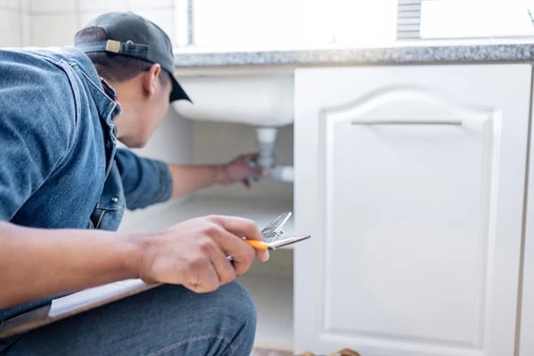A plumbing contractor Sacramento County, CA is inspecting pipes under a kitchen sink, holding pliers and a clipboard. The cabinet door is open, and the plumber appears focused on delivering professional service.