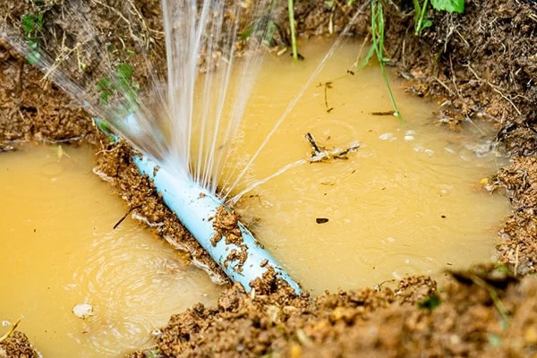 A blue water pipe is broken underground, spraying water into a muddy, water-filled hole surrounded by wet soil and grass.