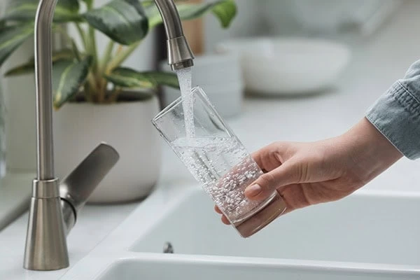 A person holds a clear glass under a kitchen faucet, filling it with water. A green potted plant and white kitchen items are visible in the blurred background.
